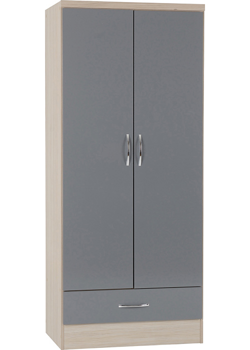 Nevada 2 Door 1 Drawer Wardrobe In Grey Gloss & Light Oak Effect